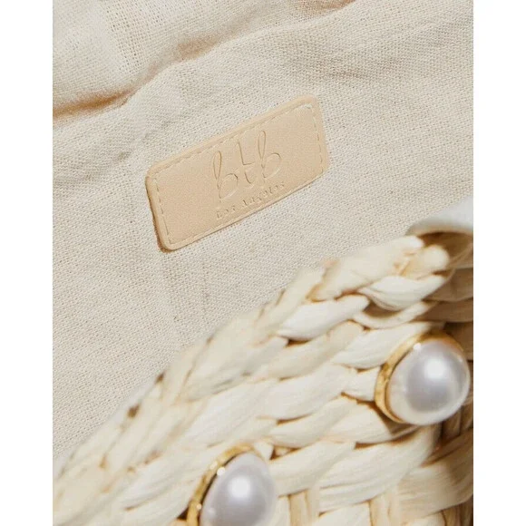 $279 BTB Los Angeles Women's Beige Thea Pearl Woven Straw Shoulder Tote Bag - Picture 3 of 3